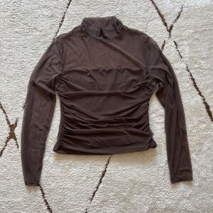 SUUKSESS Women Double Line Mesh Sheer Crop Tank Tops Mock Neck Long Sleeve Shirt